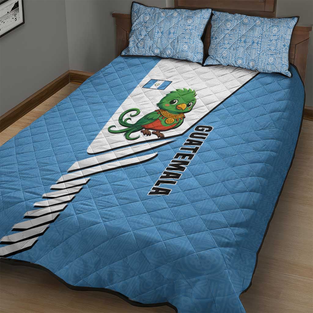 Guatemala Cute Quetzal Bird Quilt Bed Set with Blue White Flag Colors and Tribal Pattern Design - Wonder Print Shop