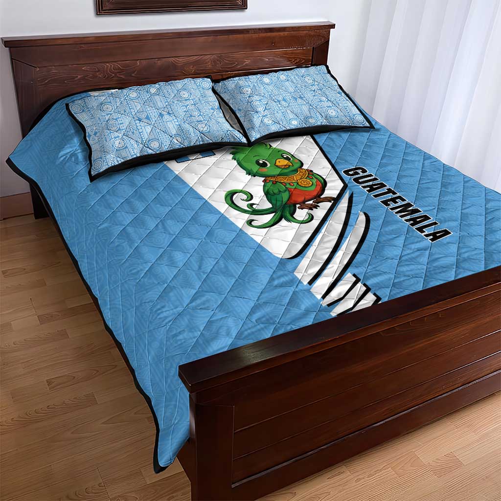 Guatemala Cute Quetzal Bird Quilt Bed Set with Blue White Flag Colors and Tribal Pattern Design - Wonder Print Shop