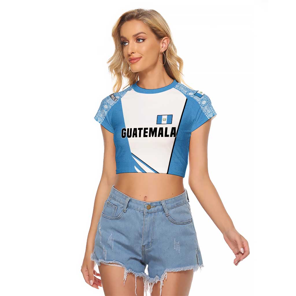Guatemala Cute Quetzal Bird Raglan Cropped T Shirt with Blue White Flag Colors and Tribal Pattern Design - Wonder Print Shop