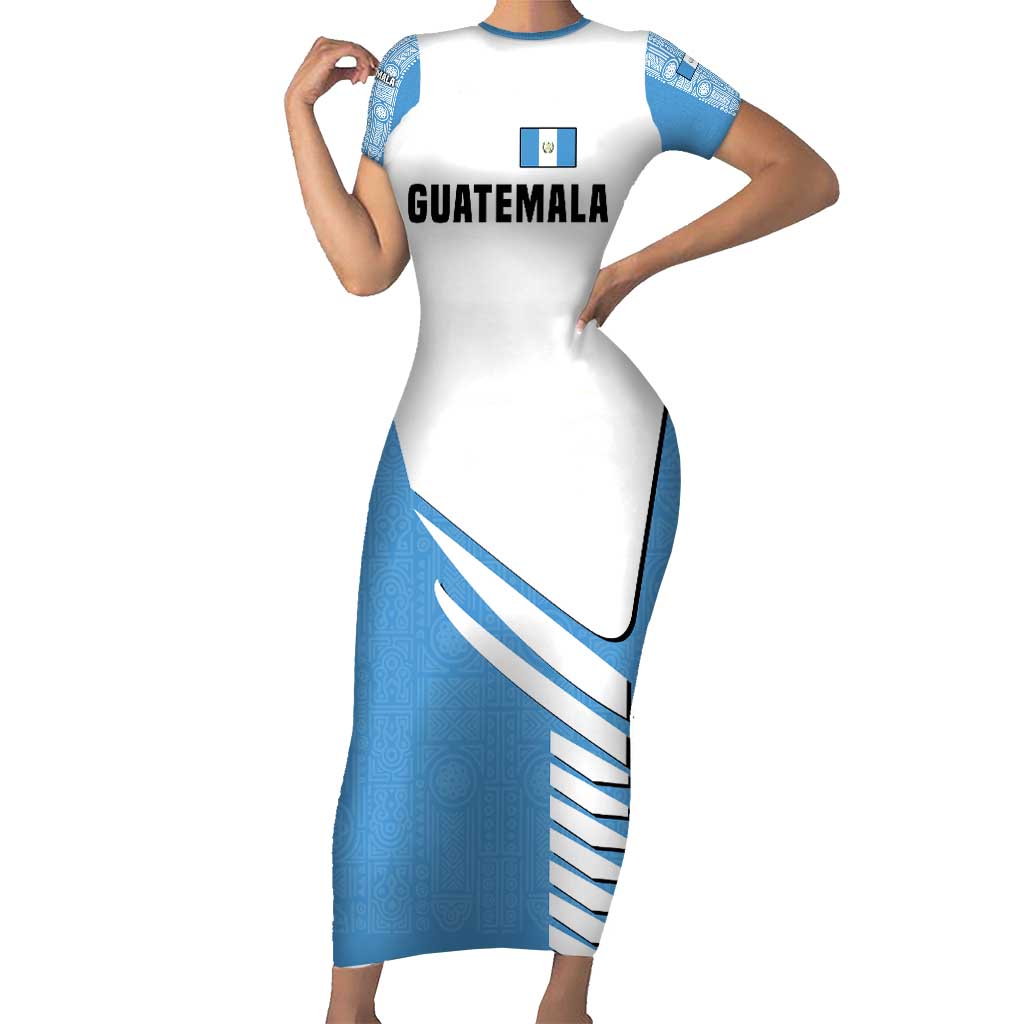 Guatemala Cute Quetzal Bird Short Sleeve Bodycon Dress with Blue White Flag Colors and Tribal Pattern Design - Wonder Print Shop