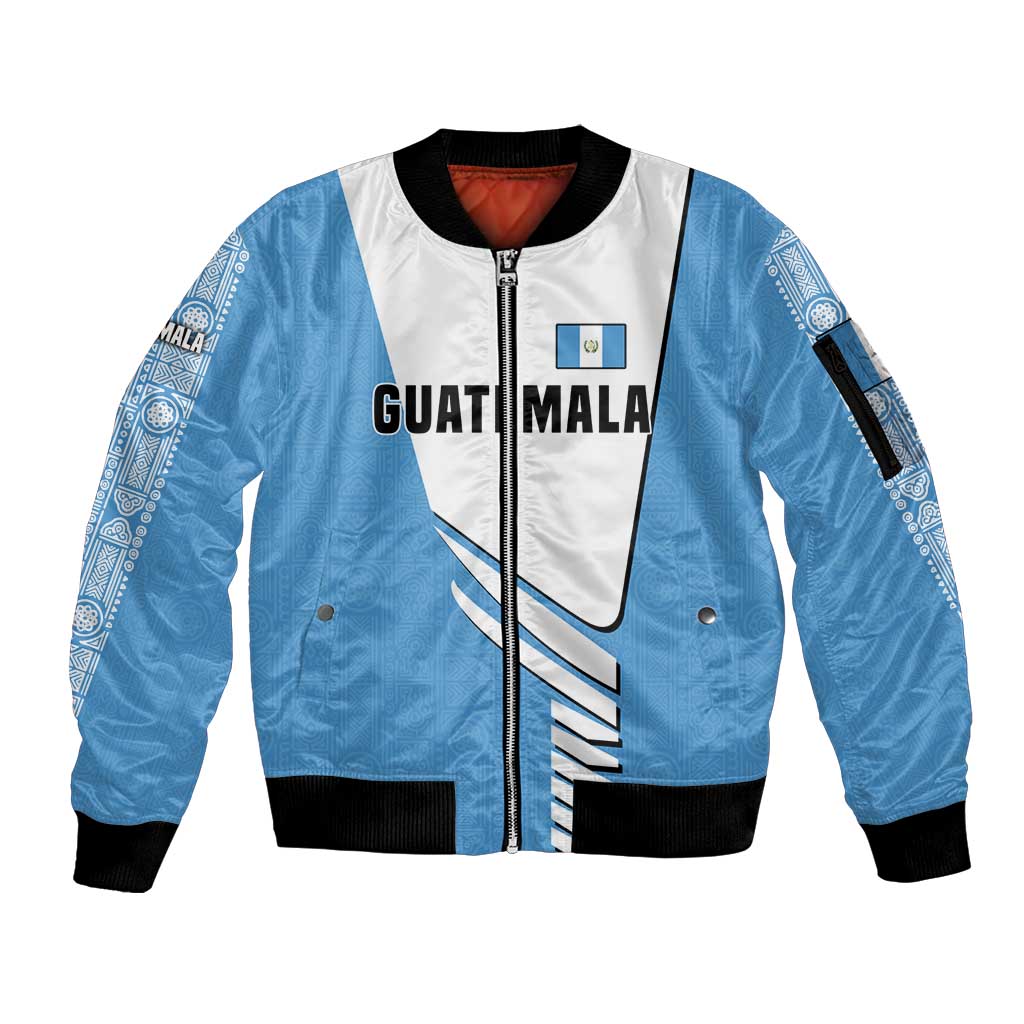 Guatemala Cute Quetzal Bird Sleeve Zip Bomber Jacket with Blue White Flag Colors and Tribal Pattern Design - Wonder Print Shop