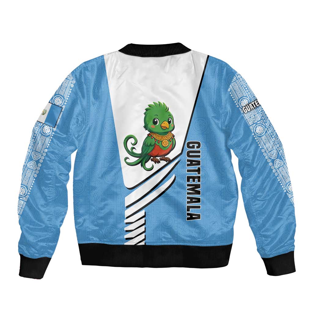 Guatemala Cute Quetzal Bird Sleeve Zip Bomber Jacket with Blue White Flag Colors and Tribal Pattern Design - Wonder Print Shop