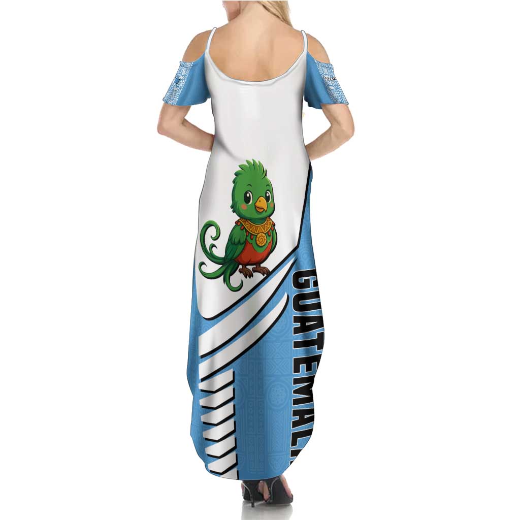 Guatemala Cute Quetzal Bird Summer Maxi Dress with Blue White Flag Colors and Tribal Pattern Design - Wonder Print Shop