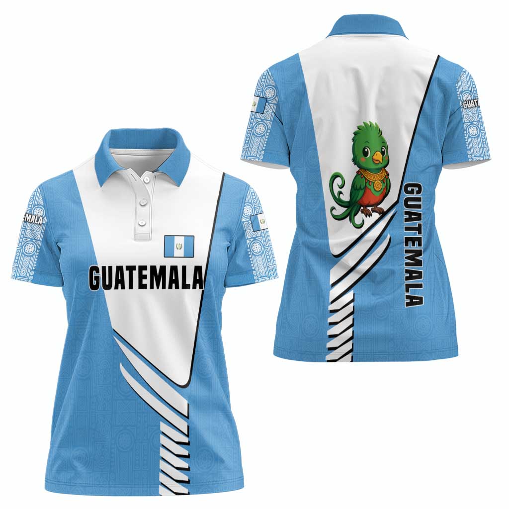 Guatemala Cute Quetzal Bird Women Polo Shirt with Blue White Flag Colors and Tribal Pattern Design - Wonder Print Shop