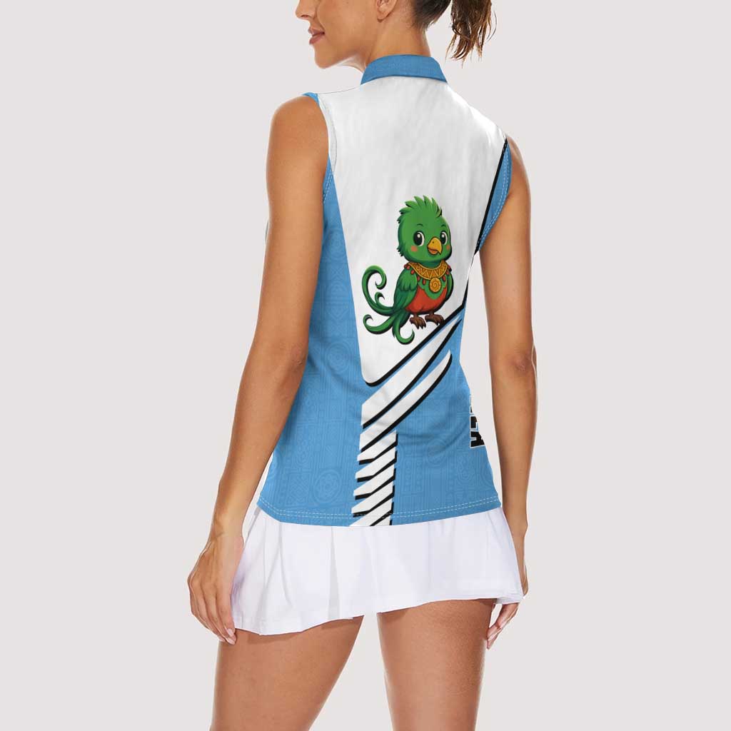 Guatemala Cute Quetzal Bird Women Sleeveless Polo Shirt with Blue White Flag Colors and Tribal Pattern Design - Wonder Print Shop