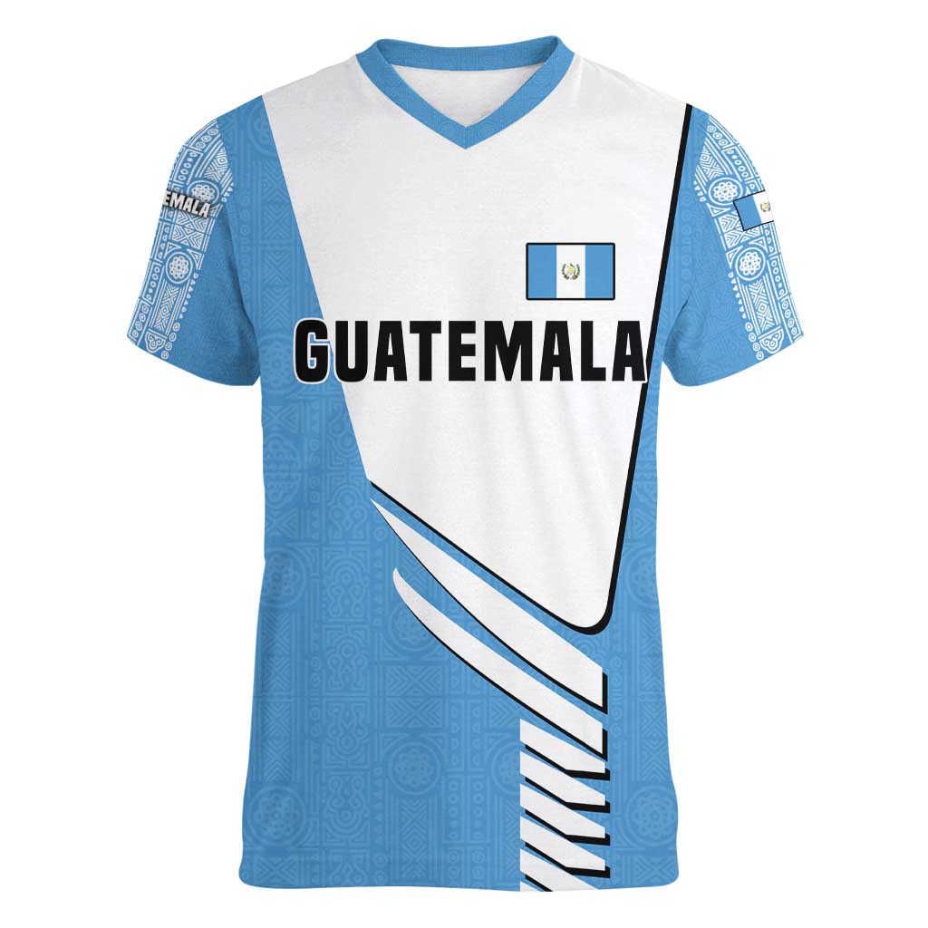 Guatemala Cute Quetzal Bird Women V-Neck T-Shirt with Blue White Flag Colors and Tribal Pattern Design - Wonder Print Shop