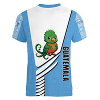 Guatemala Cute Quetzal Bird Women V-Neck T-Shirt with Blue White Flag Colors and Tribal Pattern Design - Wonder Print Shop
