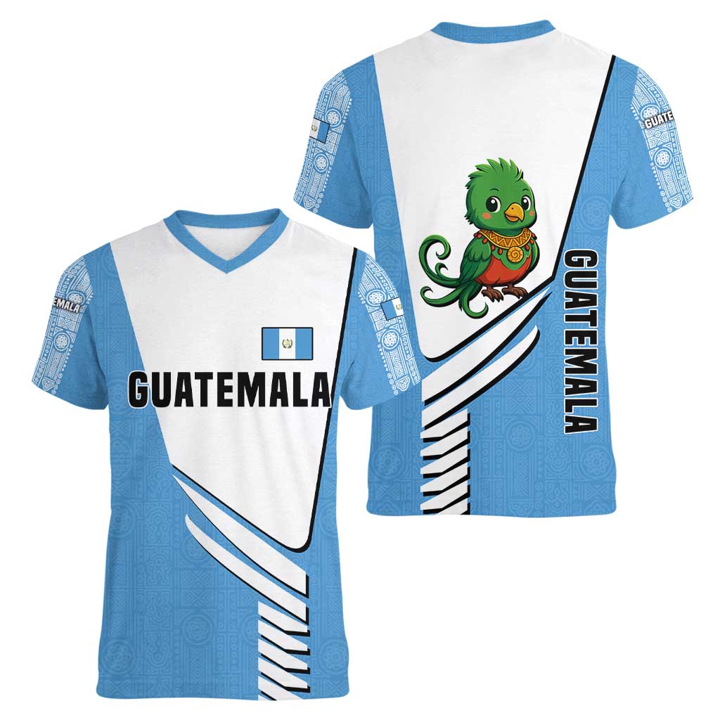 Guatemala Cute Quetzal Bird Women V-Neck T-Shirt with Blue White Flag Colors and Tribal Pattern Design - Wonder Print Shop