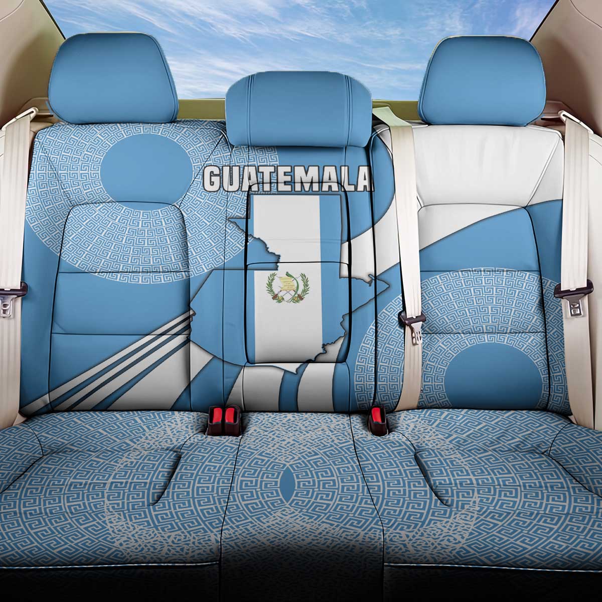 Guatemala Flag Map Back Car Seat Cover with Blue White Swirl and Geometric Pattern Design - Wonder Print Shop