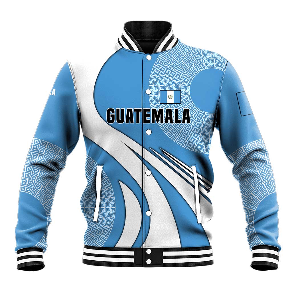 Guatemala Flag Map Baseball Jacket with Blue White Swirl and Geometric Pattern Design - Wonder Print Shop