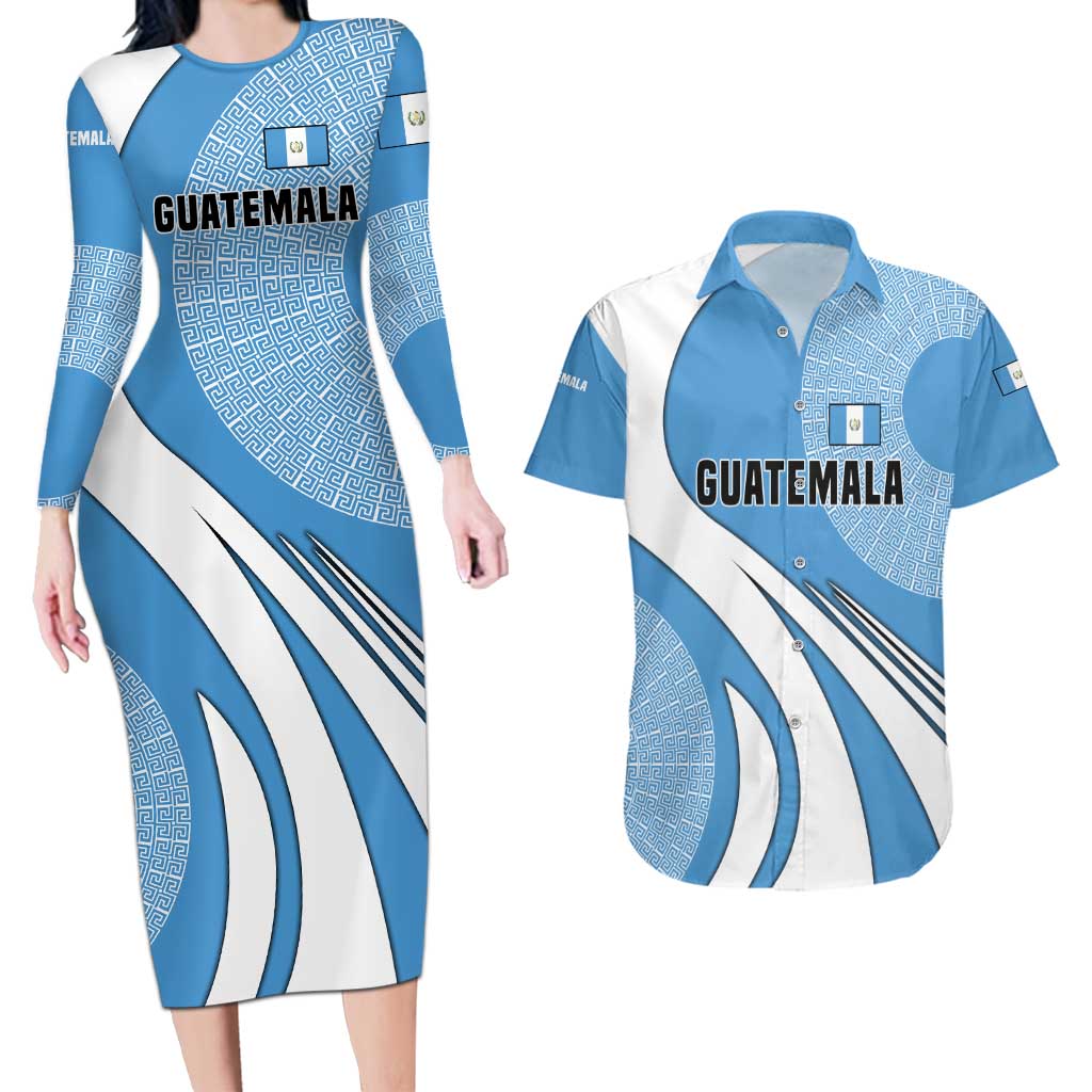 Guatemala Flag Map Couples Matching Long Sleeve Bodycon Dress and Hawaiian Shirt with Blue White Swirl and Geometric Pattern Design - Wonder Print Shop