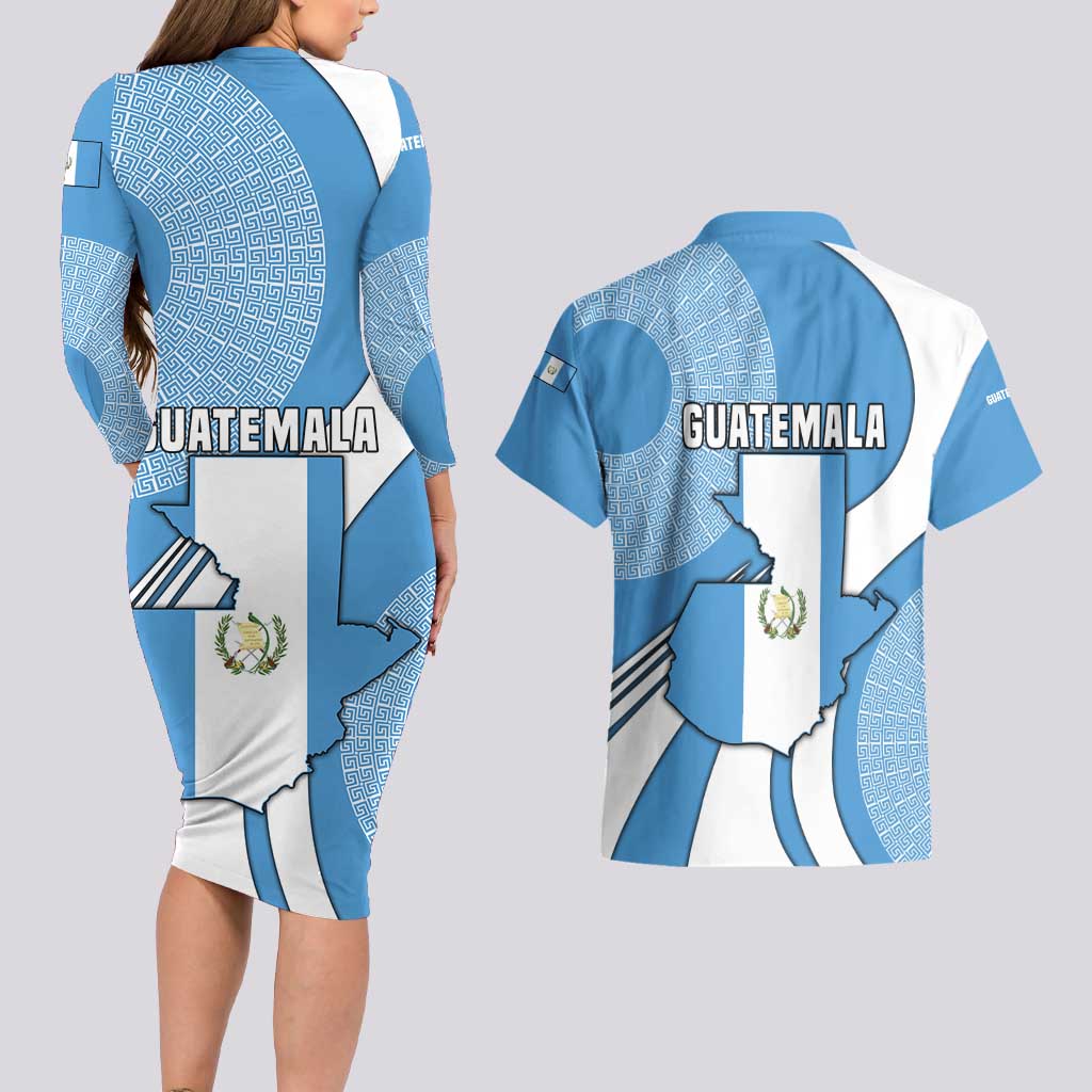 Guatemala Flag Map Couples Matching Long Sleeve Bodycon Dress and Hawaiian Shirt with Blue White Swirl and Geometric Pattern Design - Wonder Print Shop