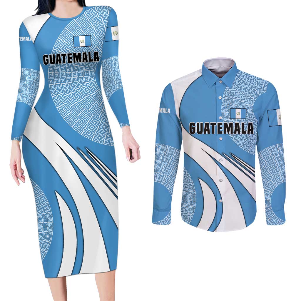 Guatemala Flag Map Couples Matching Long Sleeve Bodycon Dress and Long Sleeve Button Shirt with Blue White Swirl and Geometric Pattern Design - Wonder Print Shop