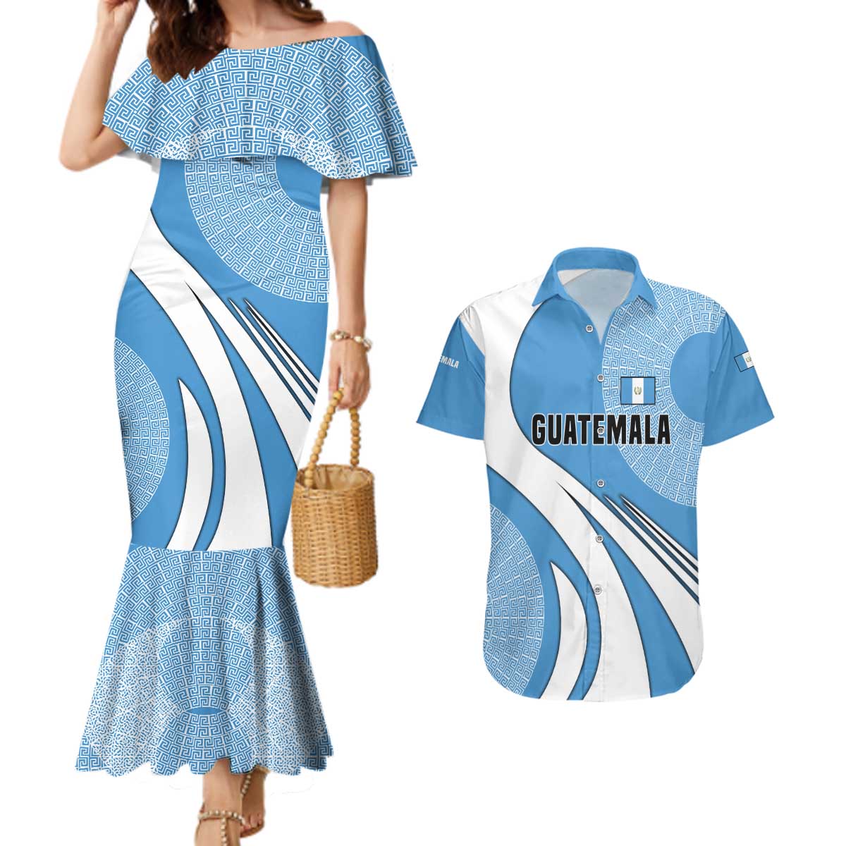 Guatemala Flag Map Couples Matching Mermaid Dress and Hawaiian Shirt with Blue White Swirl and Geometric Pattern Design - Wonder Print Shop