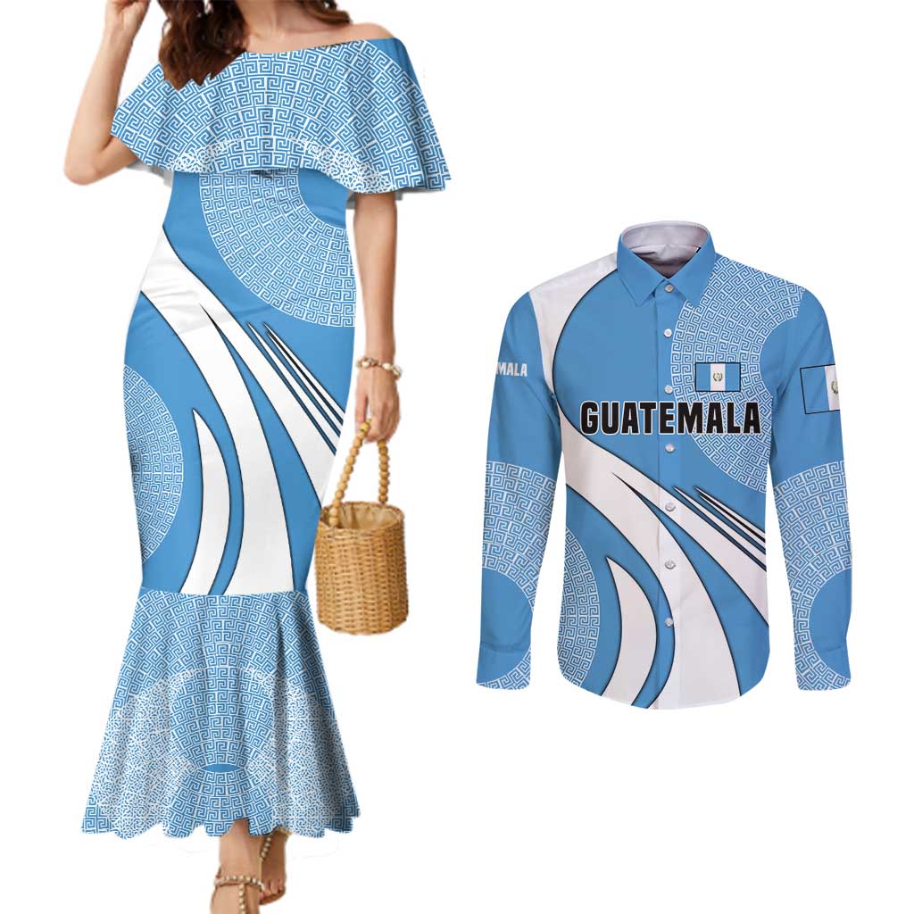 Guatemala Flag Map Couples Matching Mermaid Dress and Long Sleeve Button Shirt with Blue White Swirl and Geometric Pattern Design - Wonder Print Shop