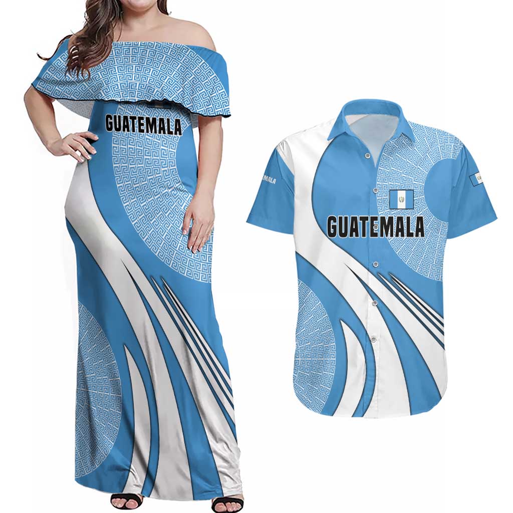 Guatemala Flag Map Couples Matching Off Shoulder Maxi Dress and Hawaiian Shirt with Blue White Swirl and Geometric Pattern Design - Wonder Print Shop