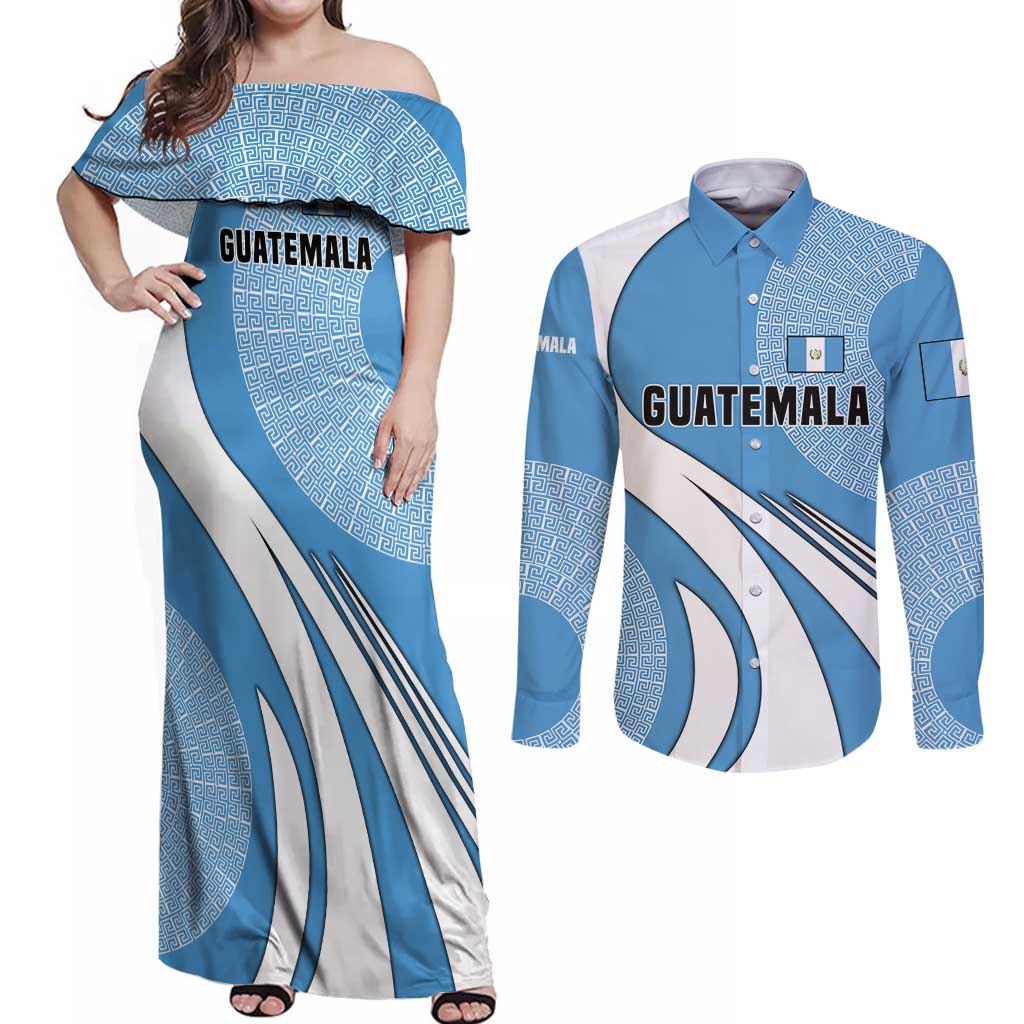 Guatemala Flag Map Couples Matching Off Shoulder Maxi Dress and Long Sleeve Button Shirt with Blue White Swirl and Geometric Pattern Design - Wonder Print Shop