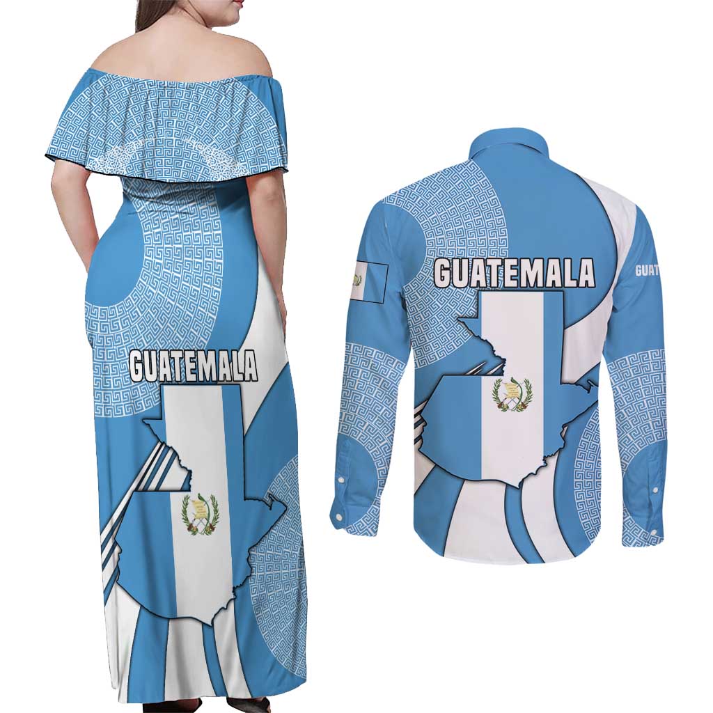 Guatemala Flag Map Couples Matching Off Shoulder Maxi Dress and Long Sleeve Button Shirt with Blue White Swirl and Geometric Pattern Design - Wonder Print Shop
