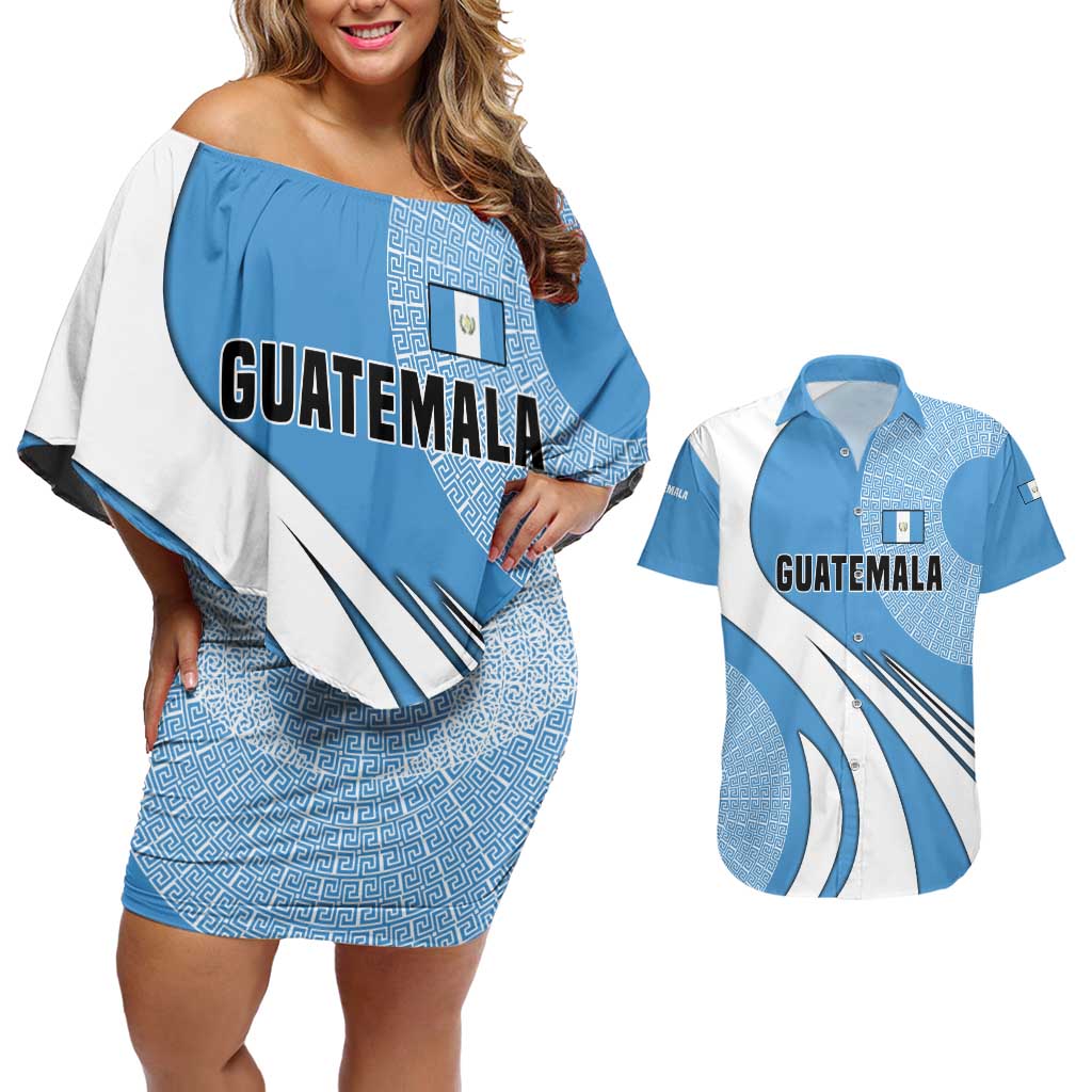 Guatemala Flag Map Couples Matching Off Shoulder Short Dress and Hawaiian Shirt with Blue White Swirl and Geometric Pattern Design - Wonder Print Shop