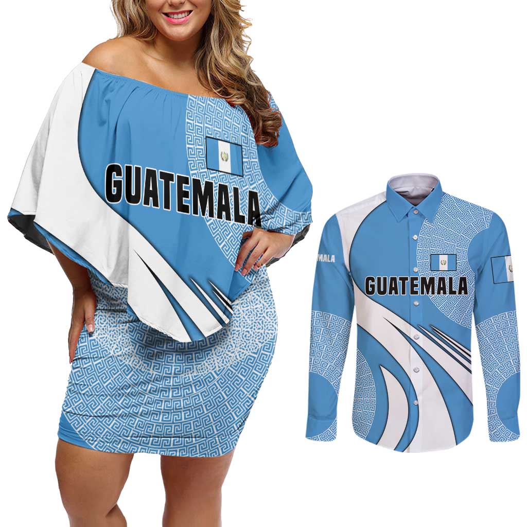 Guatemala Flag Map Couples Matching Off Shoulder Short Dress and Long Sleeve Button Shirt with Blue White Swirl and Geometric Pattern Design - Wonder Print Shop