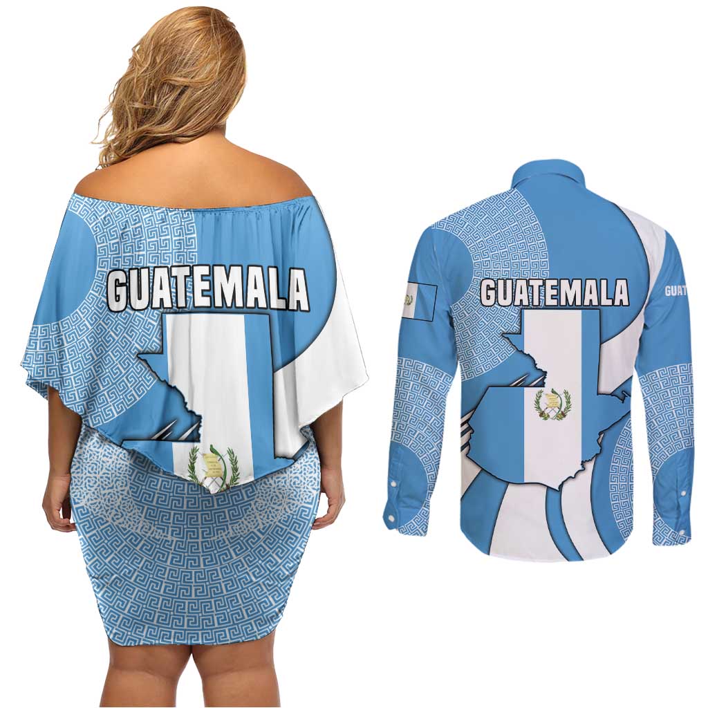 Guatemala Flag Map Couples Matching Off Shoulder Short Dress and Long Sleeve Button Shirt with Blue White Swirl and Geometric Pattern Design - Wonder Print Shop