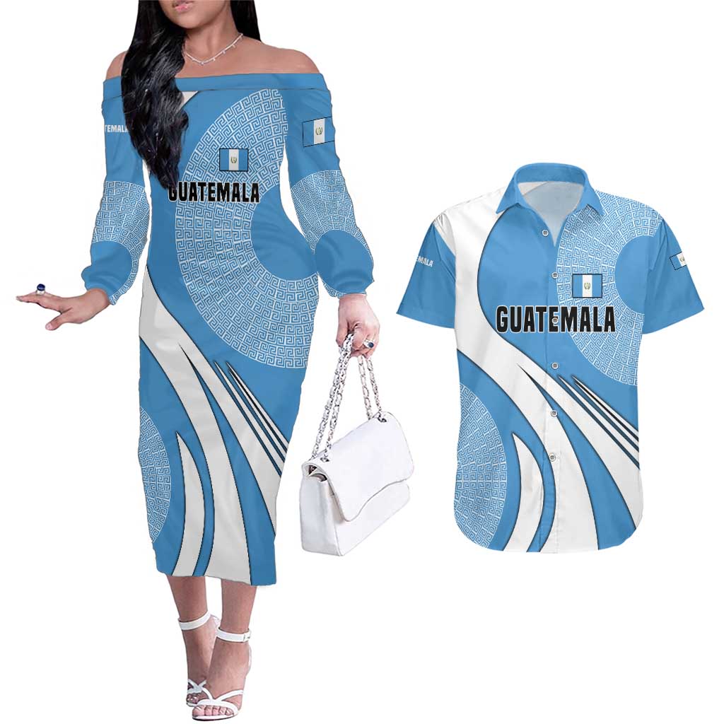 Guatemala Flag Map Couples Matching Off The Shoulder Long Sleeve Dress and Hawaiian Shirt with Blue White Swirl and Geometric Pattern Design - Wonder Print Shop