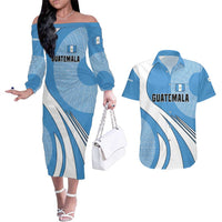 Guatemala Flag Map Couples Matching Off The Shoulder Long Sleeve Dress and Hawaiian Shirt with Blue White Swirl and Geometric Pattern Design - Wonder Print Shop