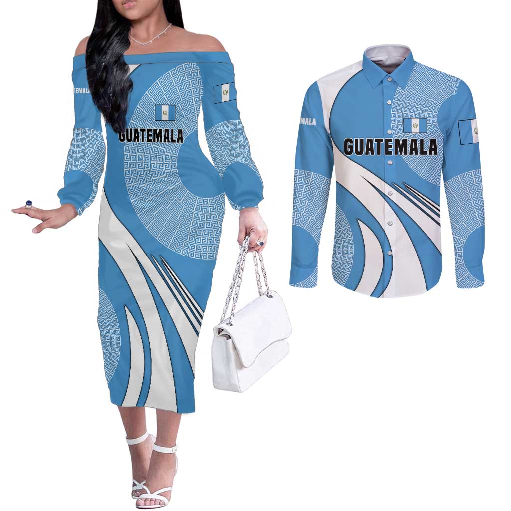 Guatemala Flag Map Couples Matching Off The Shoulder Long Sleeve Dress and Long Sleeve Button Shirt with Blue White Swirl and Geometric Pattern Design - Wonder Print Shop