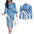 Guatemala Flag Map Couples Matching Off The Shoulder Long Sleeve Dress and Long Sleeve Button Shirt with Blue White Swirl and Geometric Pattern Design - Wonder Print Shop