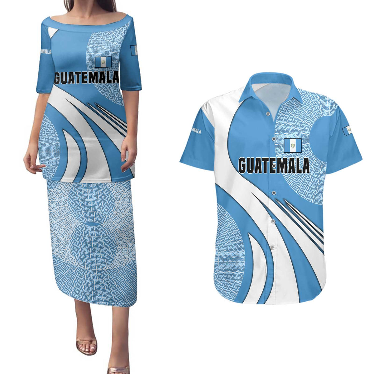 Guatemala Flag Map Couples Matching Puletasi and Hawaiian Shirt with Blue White Swirl and Geometric Pattern Design - Wonder Print Shop