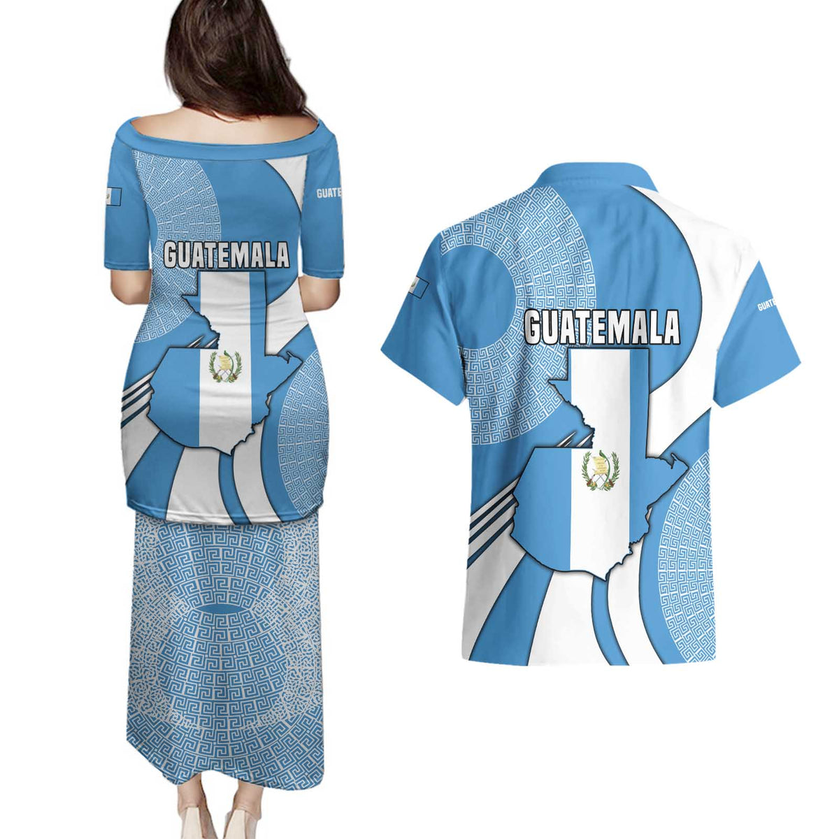 Guatemala Flag Map Couples Matching Puletasi and Hawaiian Shirt with Blue White Swirl and Geometric Pattern Design - Wonder Print Shop