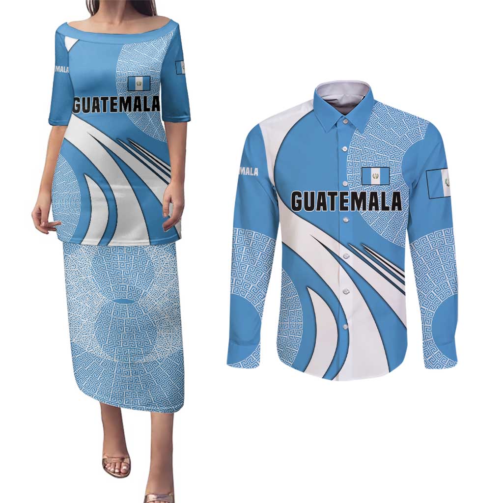 Guatemala Flag Map Couples Matching Puletasi and Long Sleeve Button Shirt with Blue White Swirl and Geometric Pattern Design - Wonder Print Shop