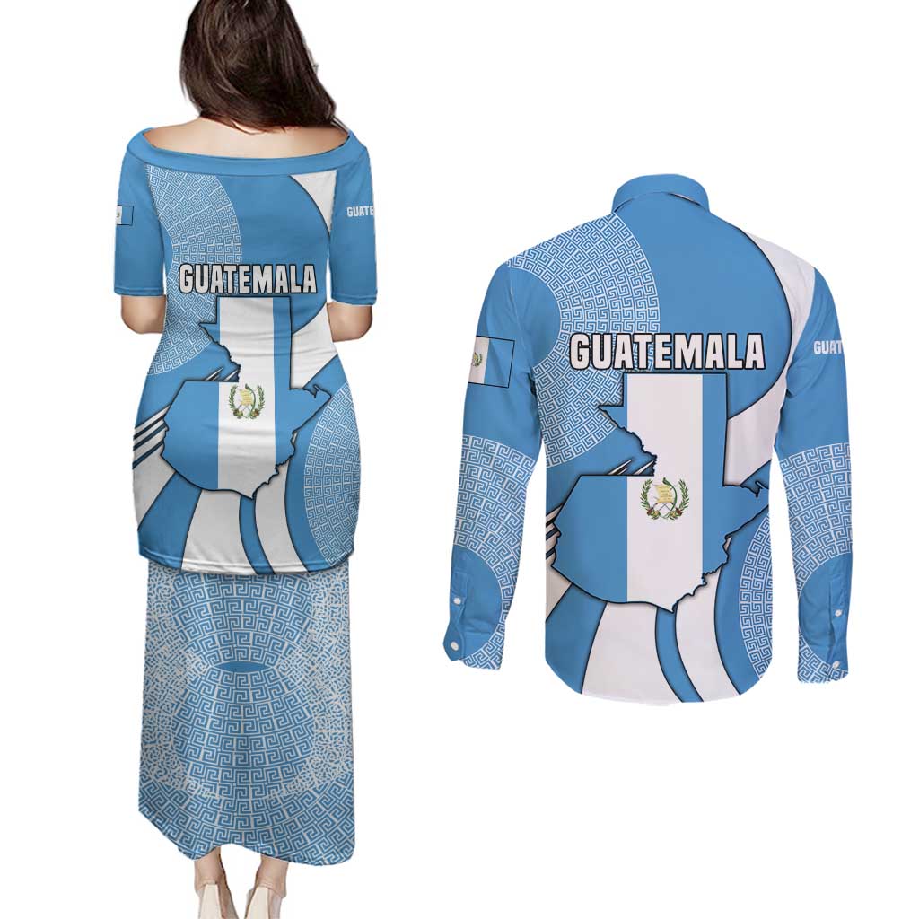 Guatemala Flag Map Couples Matching Puletasi and Long Sleeve Button Shirt with Blue White Swirl and Geometric Pattern Design - Wonder Print Shop