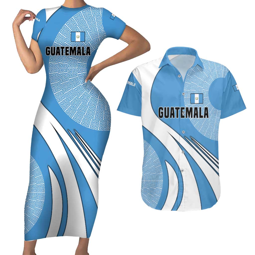 Guatemala Flag Map Couples Matching Short Sleeve Bodycon Dress and Hawaiian Shirt with Blue White Swirl and Geometric Pattern Design - Wonder Print Shop