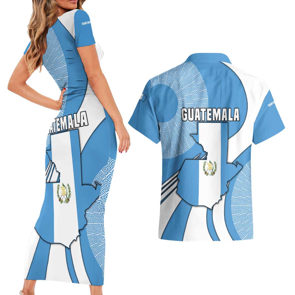 Guatemala Flag Map Couples Matching Short Sleeve Bodycon Dress and Hawaiian Shirt with Blue White Swirl and Geometric Pattern Design - Wonder Print Shop