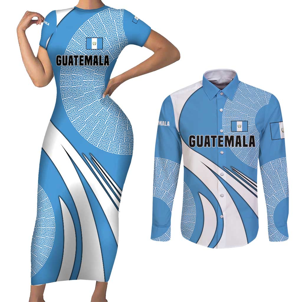 Guatemala Flag Map Couples Matching Short Sleeve Bodycon Dress and Long Sleeve Button Shirt with Blue White Swirl and Geometric Pattern Design - Wonder Print Shop