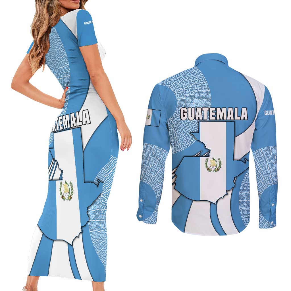 Guatemala Flag Map Couples Matching Short Sleeve Bodycon Dress and Long Sleeve Button Shirt with Blue White Swirl and Geometric Pattern Design - Wonder Print Shop
