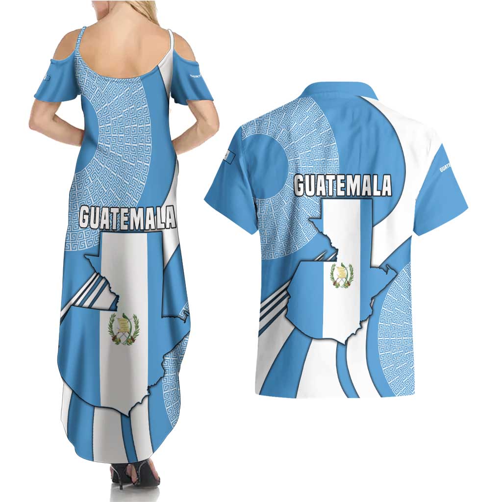 Guatemala Flag Map Couples Matching Summer Maxi Dress and Hawaiian Shirt with Blue White Swirl and Geometric Pattern Design - Wonder Print Shop