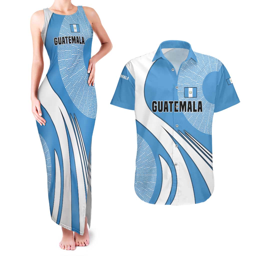 Guatemala Flag Map Couples Matching Tank Maxi Dress and Hawaiian Shirt with Blue White Swirl and Geometric Pattern Design - Wonder Print Shop