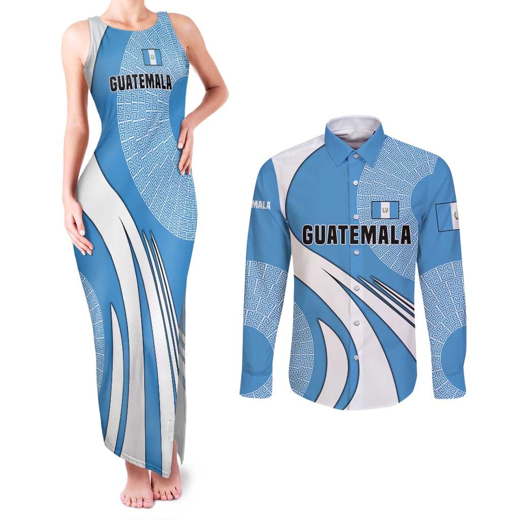 Guatemala Flag Map Couples Matching Tank Maxi Dress and Long Sleeve Button Shirt with Blue White Swirl and Geometric Pattern Design - Wonder Print Shop