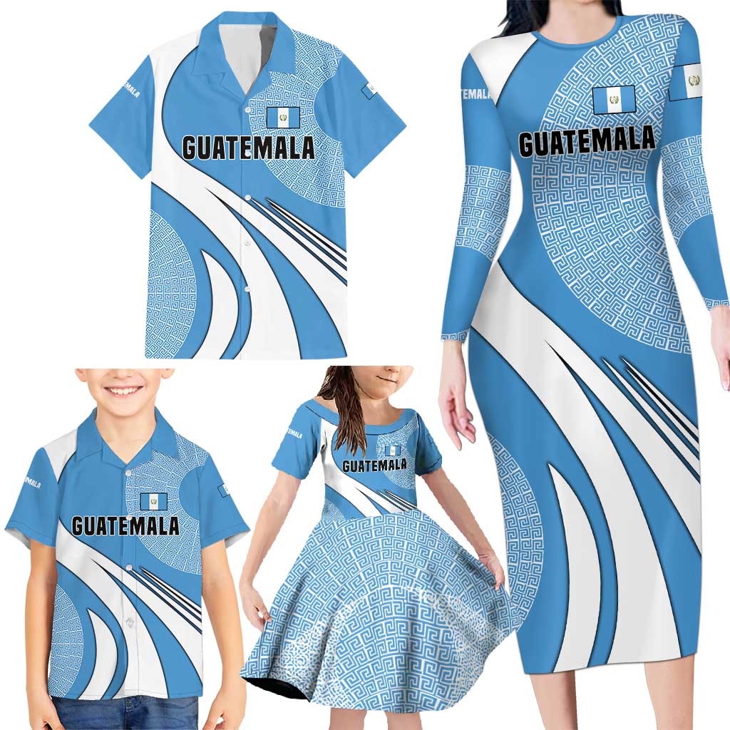 Guatemala Flag Map Family Matching Long Sleeve Bodycon Dress and Hawaiian Shirt with Blue White Swirl and Geometric Pattern Design - Wonder Print Shop
