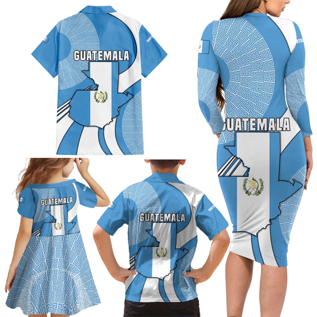 Guatemala Flag Map Family Matching Long Sleeve Bodycon Dress and Hawaiian Shirt with Blue White Swirl and Geometric Pattern Design - Wonder Print Shop
