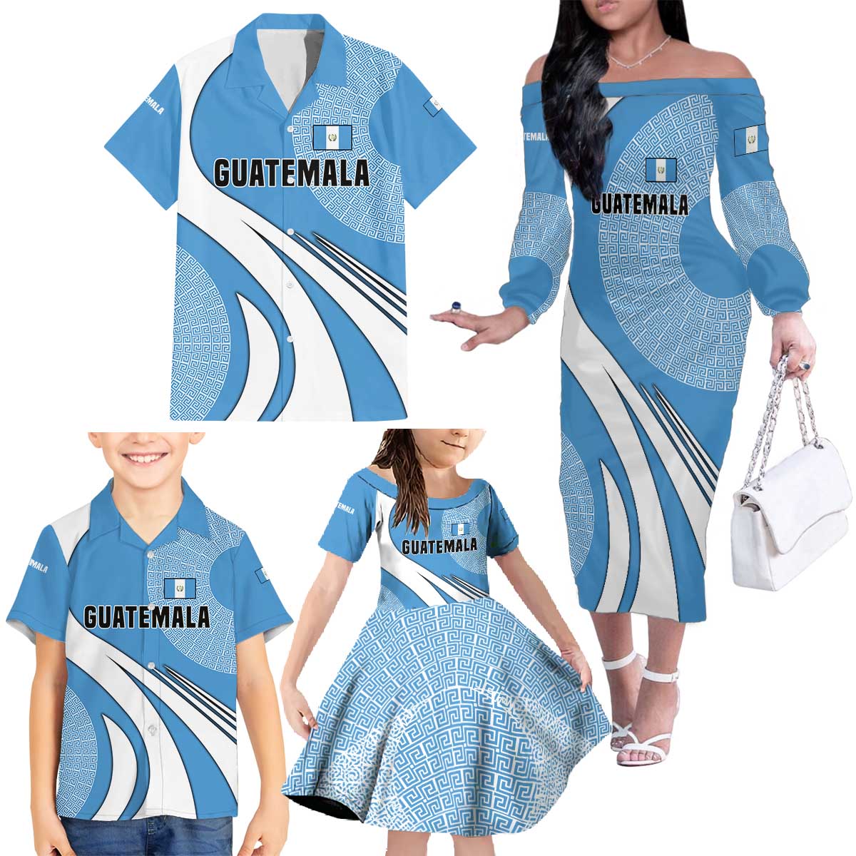 Guatemala Flag Map Family Matching Off The Shoulder Long Sleeve Dress and Hawaiian Shirt with Blue White Swirl and Geometric Pattern Design - Wonder Print Shop
