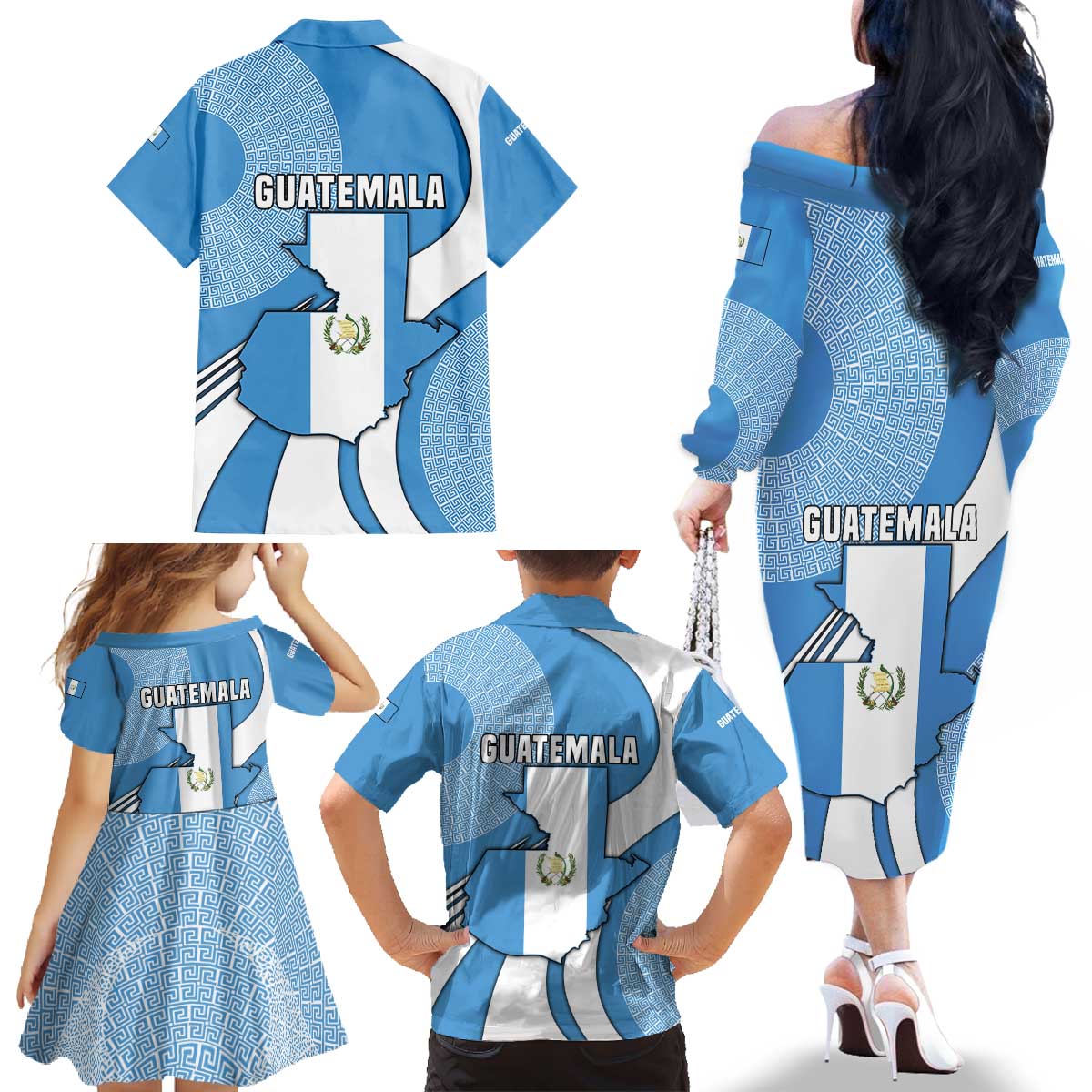 Guatemala Flag Map Family Matching Off The Shoulder Long Sleeve Dress and Hawaiian Shirt with Blue White Swirl and Geometric Pattern Design - Wonder Print Shop