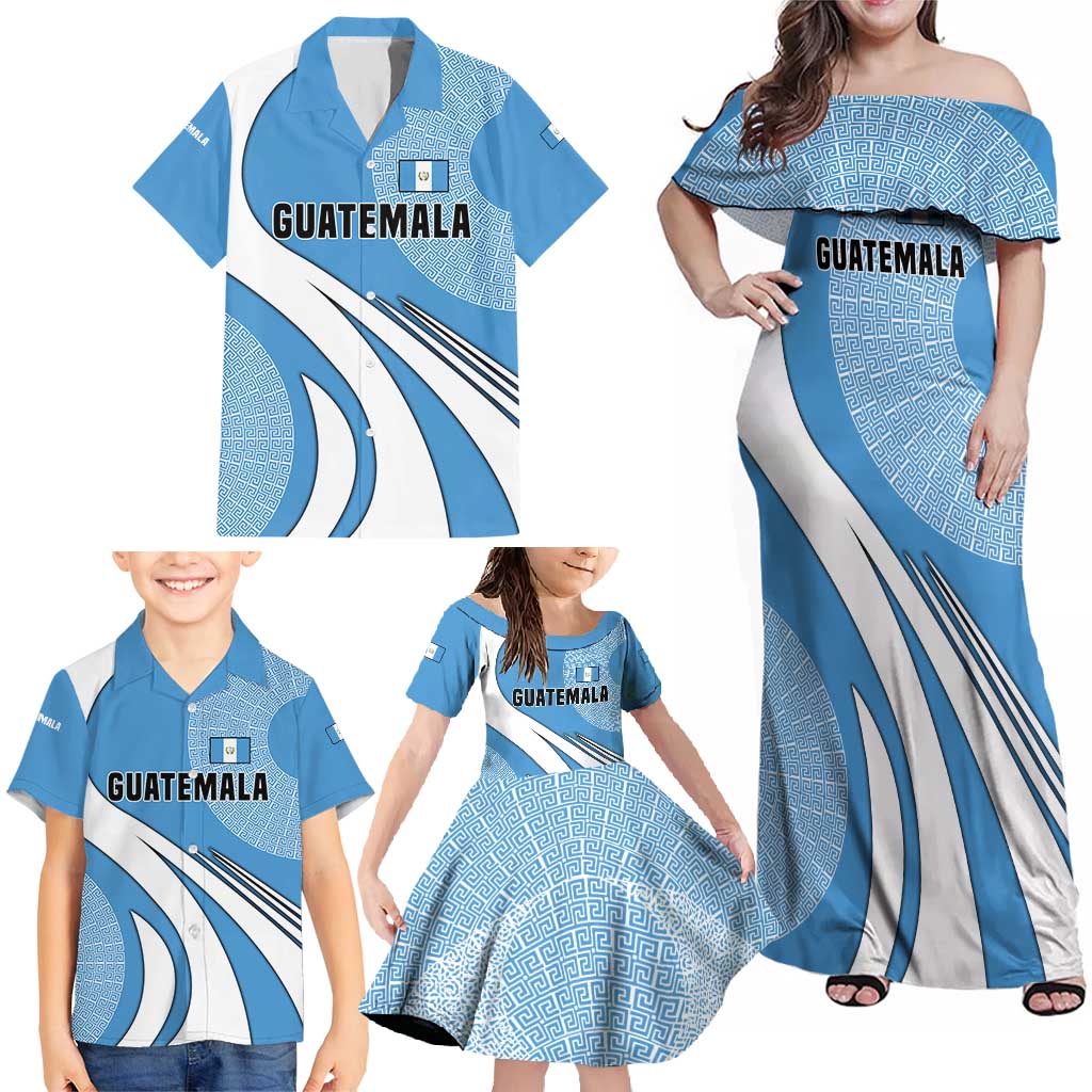 Guatemala Flag Map Family Matching Off Shoulder Maxi Dress and Hawaiian Shirt with Blue White Swirl and Geometric Pattern Design - Wonder Print Shop