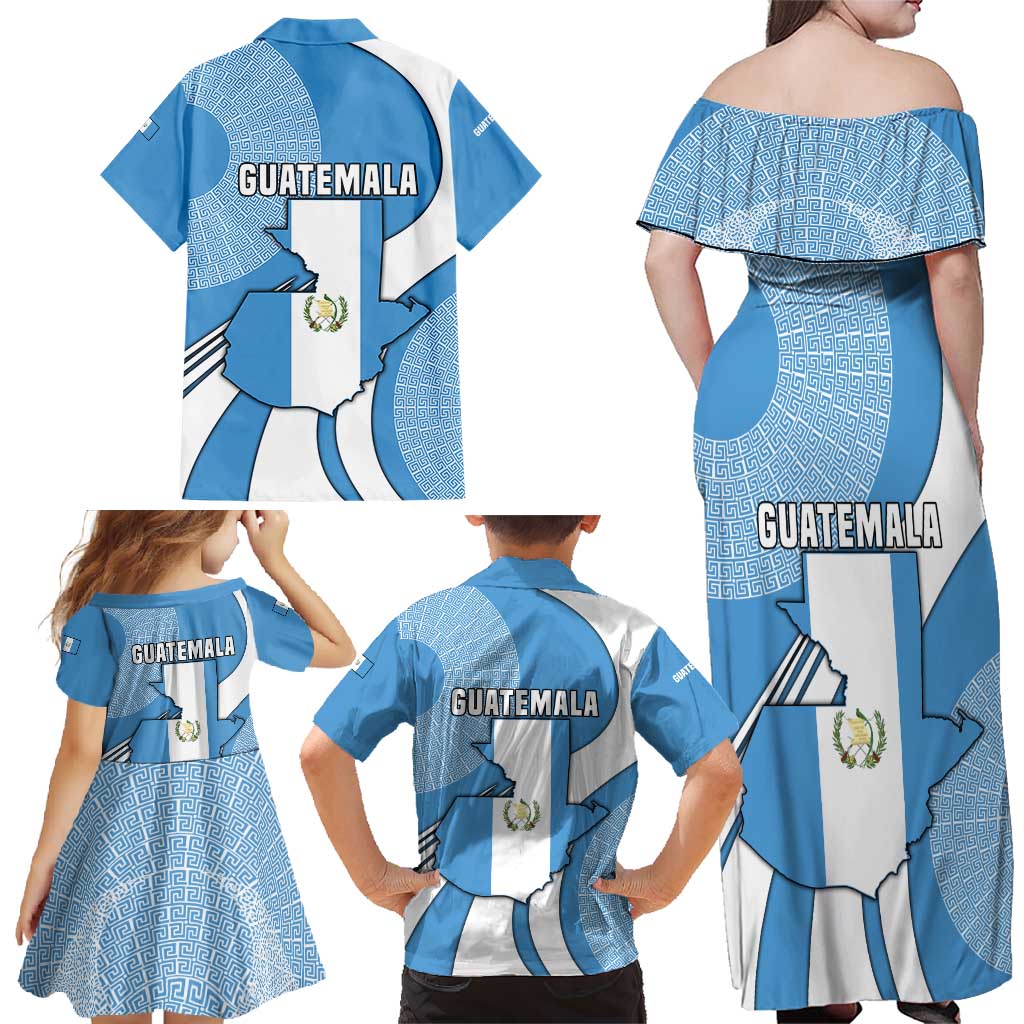 Guatemala Flag Map Family Matching Off Shoulder Maxi Dress and Hawaiian Shirt with Blue White Swirl and Geometric Pattern Design - Wonder Print Shop
