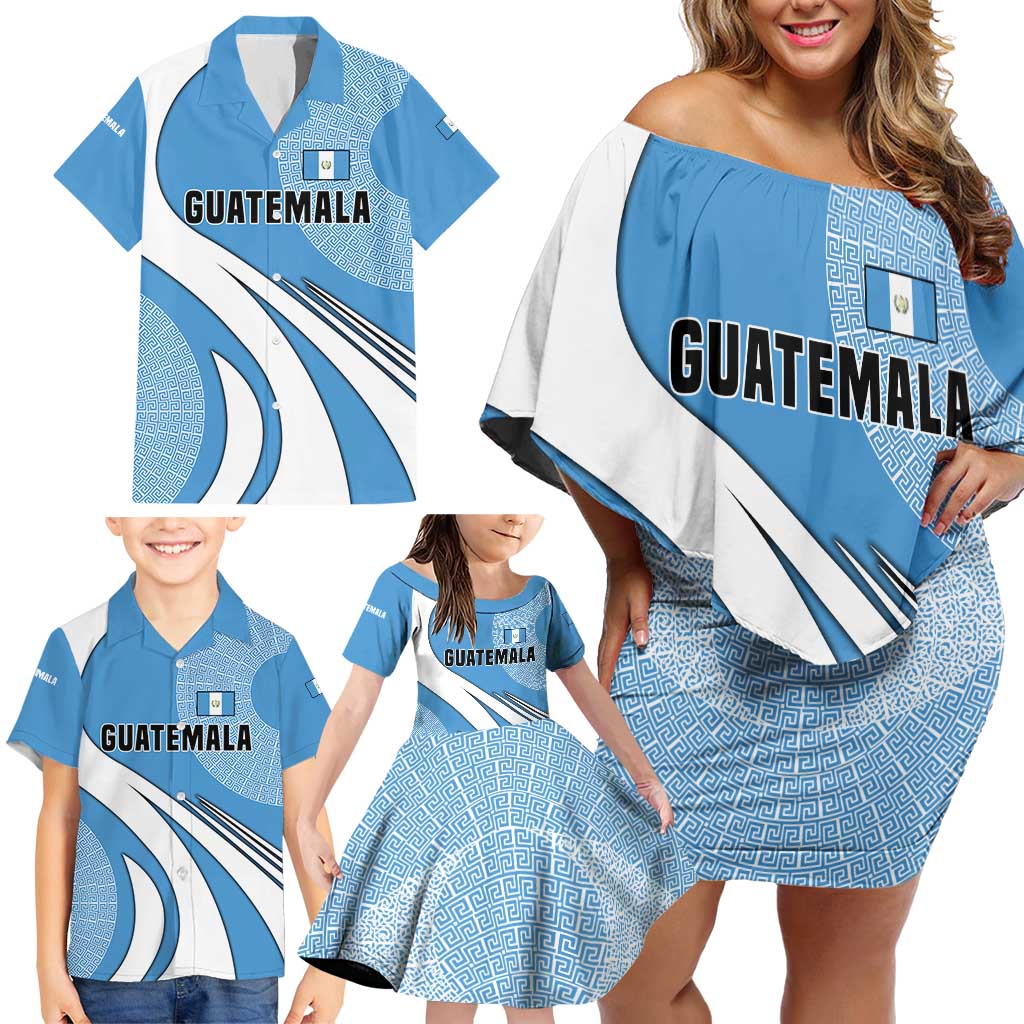 Guatemala Flag Map Family Matching Off Shoulder Short Dress and Hawaiian Shirt with Blue White Swirl and Geometric Pattern Design - Wonder Print Shop