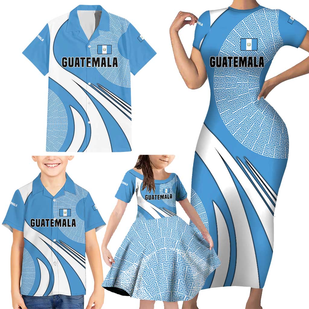 Guatemala Flag Map Family Matching Short Sleeve Bodycon Dress and Hawaiian Shirt with Blue White Swirl and Geometric Pattern Design - Wonder Print Shop