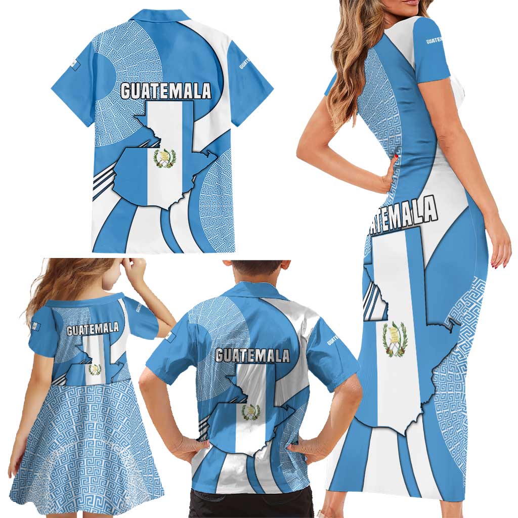 Guatemala Flag Map Family Matching Short Sleeve Bodycon Dress and Hawaiian Shirt with Blue White Swirl and Geometric Pattern Design - Wonder Print Shop