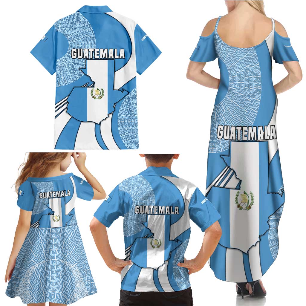 Guatemala Flag Map Family Matching Summer Maxi Dress and Hawaiian Shirt with Blue White Swirl and Geometric Pattern Design - Wonder Print Shop